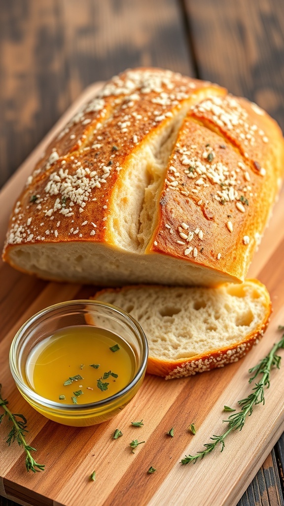 A golden-brown loaf of no-yeast bread sliced on a wooden board, with olive oil and herbs for dipping.